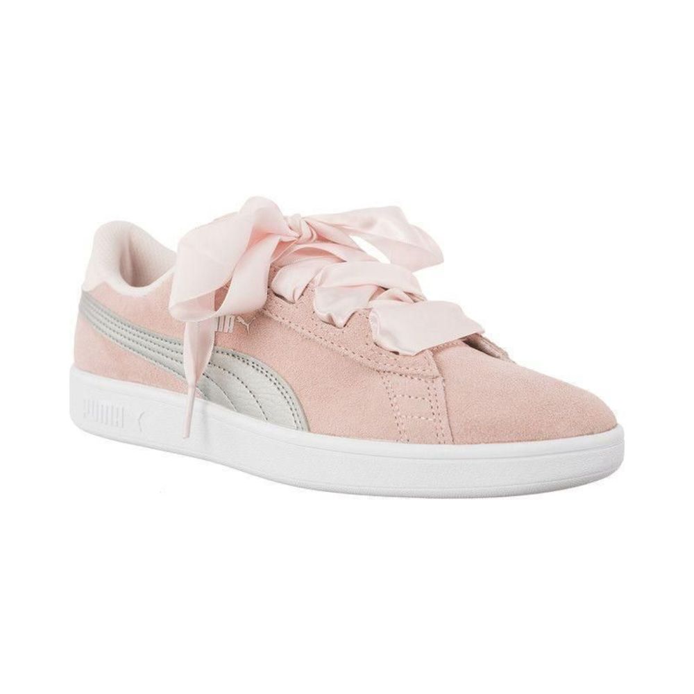 PUMA Youth Kids Smash v2 Ribbon Bow Sneaker Junior Girls Suede Pink Pearl Silver - Picture 2 of 4
